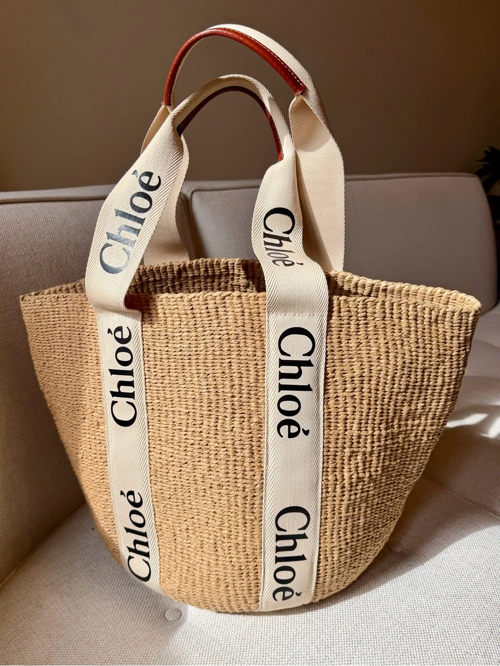 Chloé Natural Raffia Tote with Cream Logo Straps and Brown Handles - Picture 1 of 6